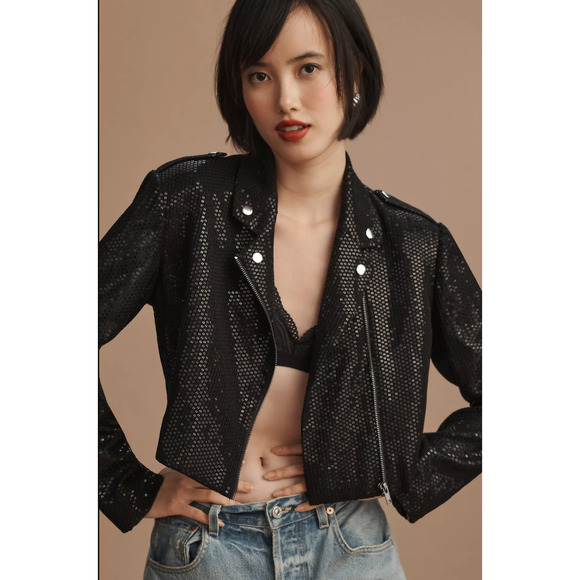 NWT Anthropologie Sequin Cropped Black Moto Jacket - Large - Picture 1 of 5